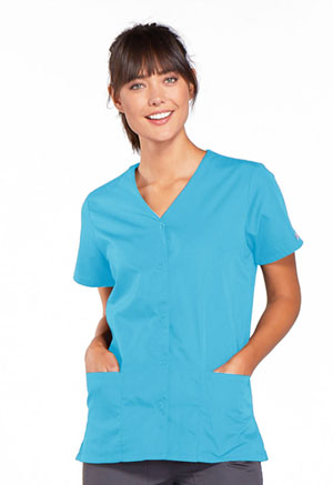 Cherokee Workwear Snap Front V-Neck Top Turquoise (4770-TRQW)