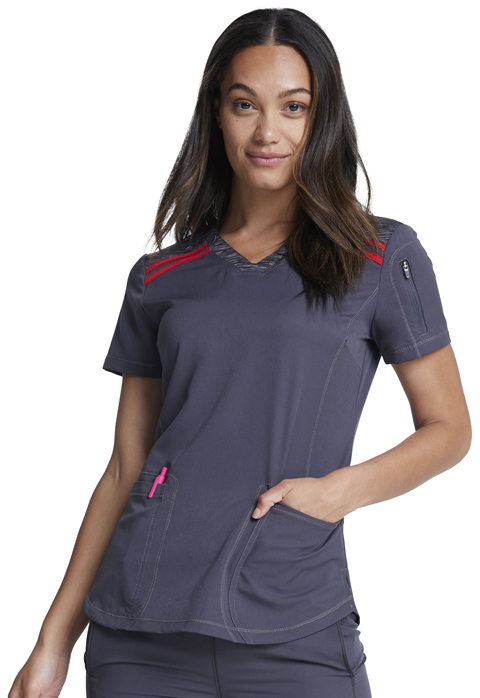 Dickies Dickies Dynamix V-Neck Top in Pewter / Red